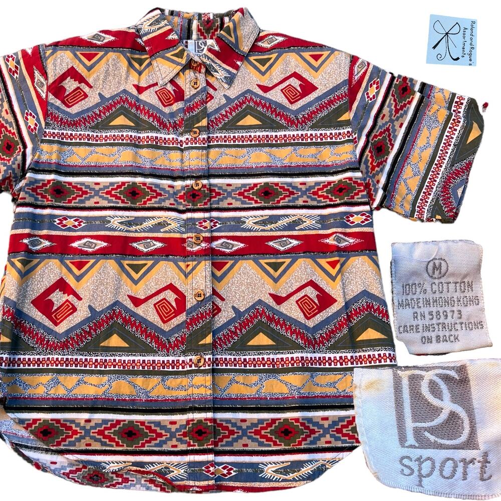 PS Sport Striped Abstract 100% Cotton Button-up Shirt Sz M